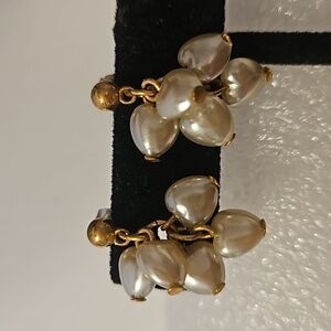 Vintage Faux Pearl Heart Cluster w/ Goldtone Pierced Earrings